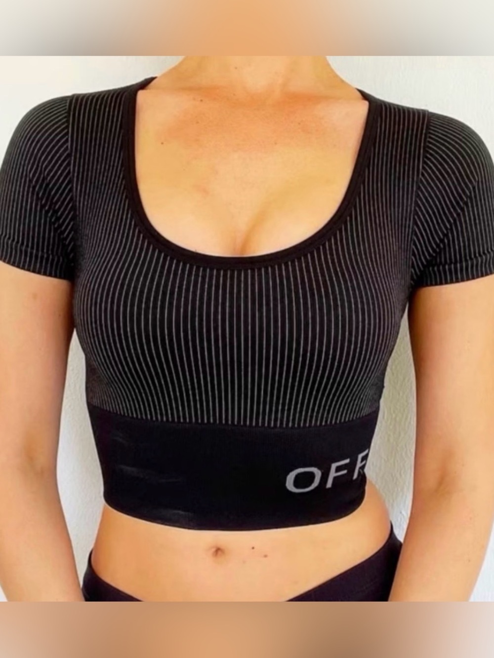 Black Ribbed Scoop Crop Top with Subtle Pinstripe